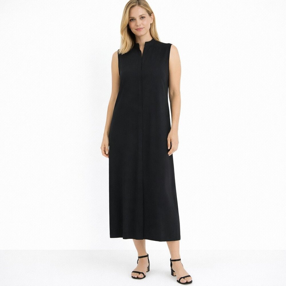 Eileen Fisher Black Silk Sleeveless Mandarin Collar Midi Maxi Dress Minimalist L